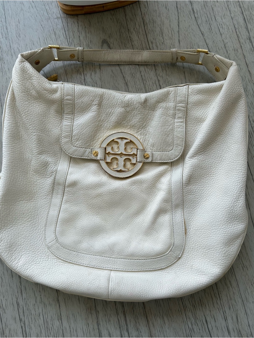 Tory Burch Cream Leather Hobo with Gold Logo Medallion